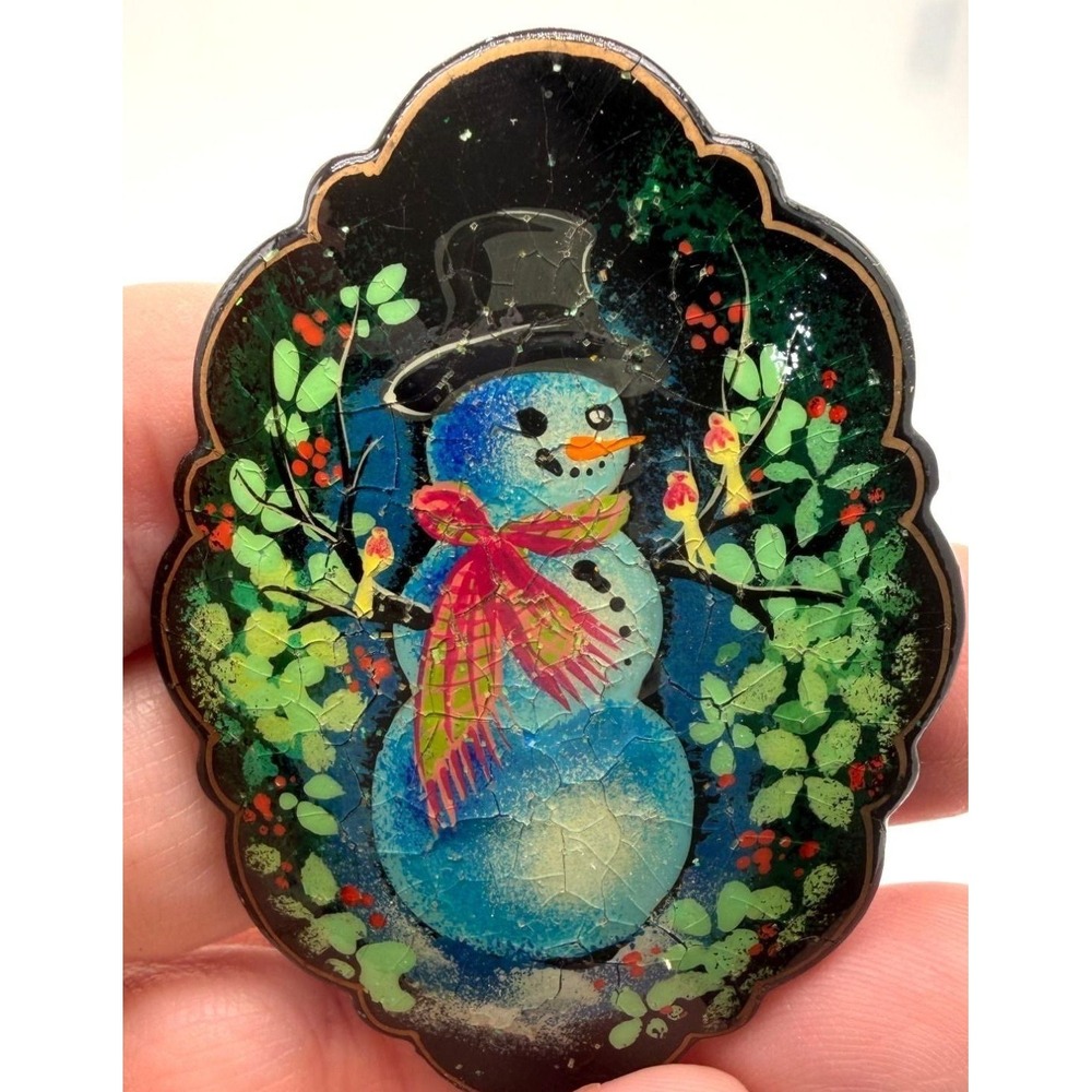 Vintage Christmas Brooch Hand Painted Black Lacquer Snowman 2.25"